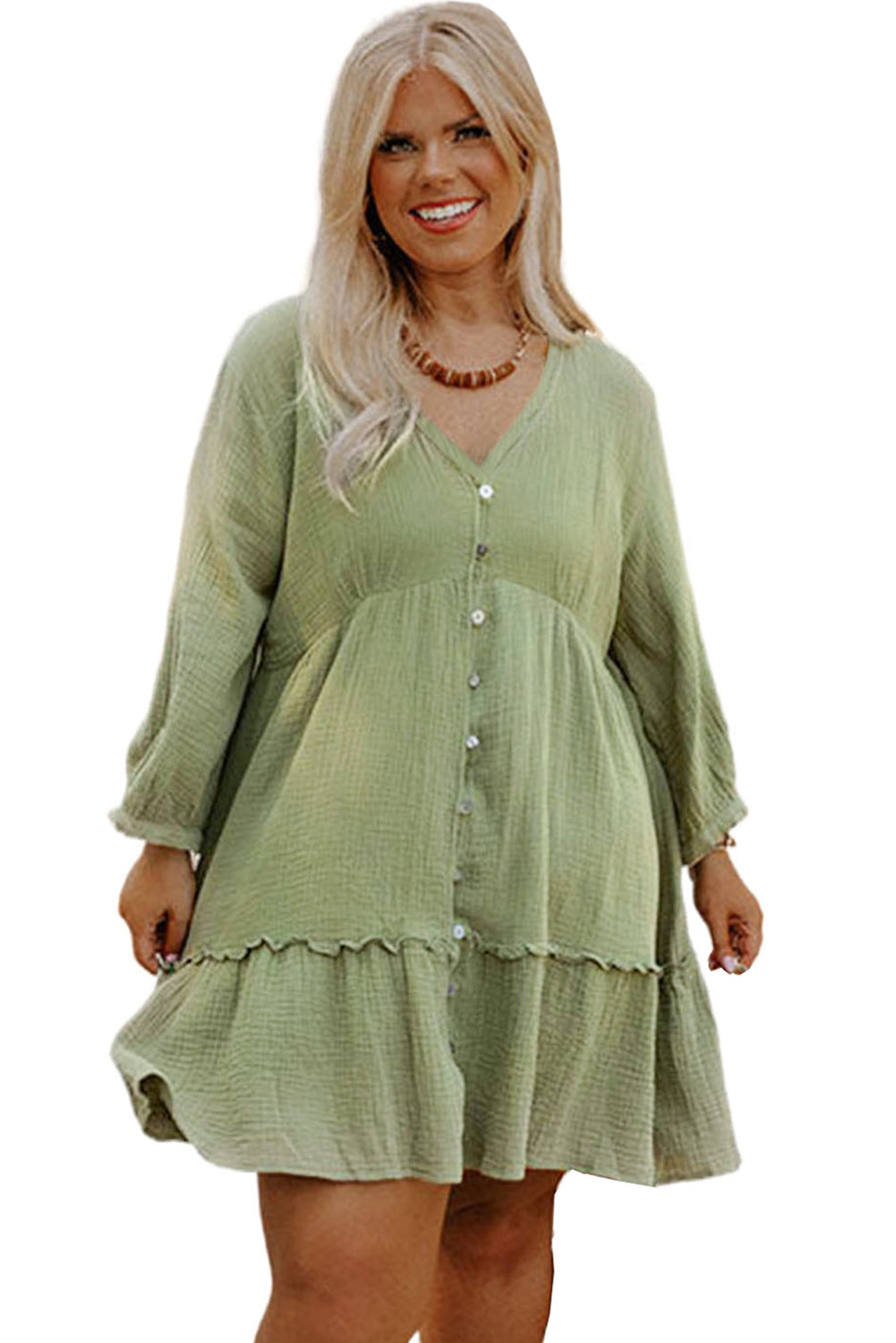 Green Textured Ruffled Buttoned V Neck Plus Size Short Dress