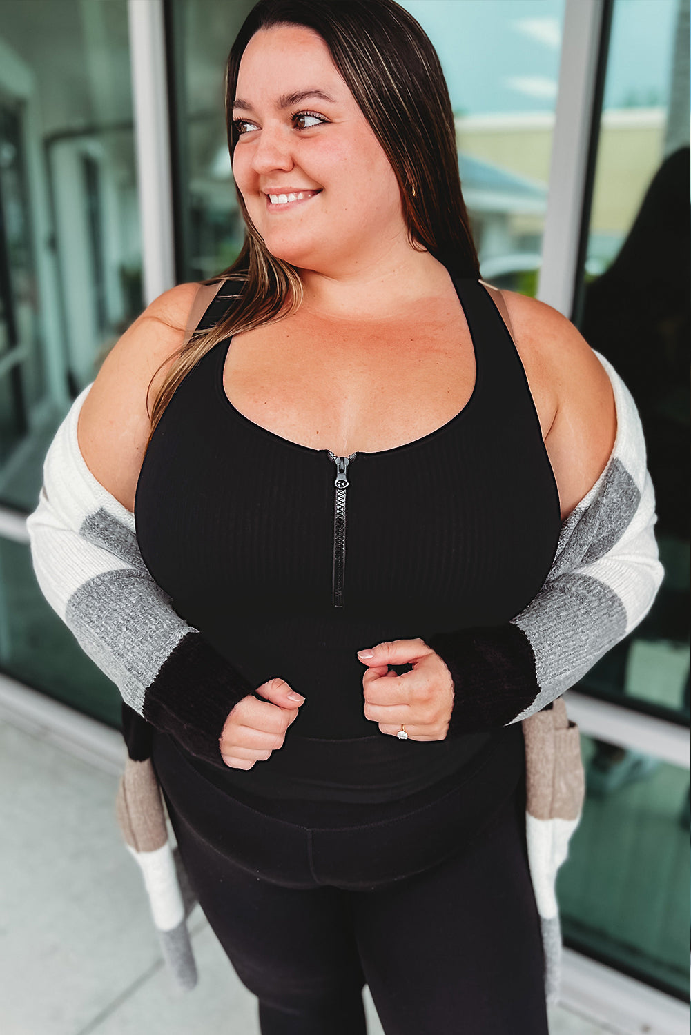 Black Plus Size Zipper Front Racerback Ribbed Tank Top