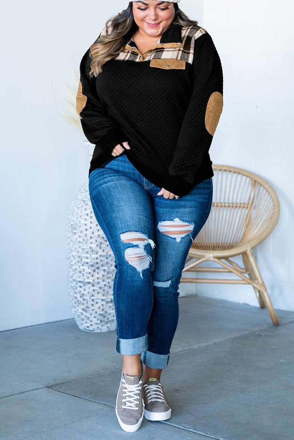 Black Plus Size Quilted Plaid Patch Henley Sweatshirt