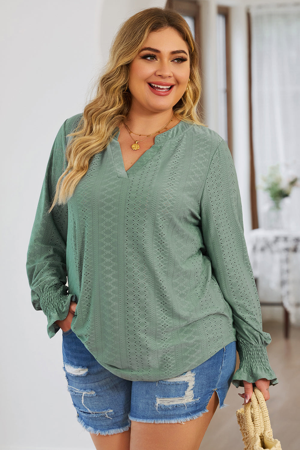 Green Eyelet Jacquard Split Neck Flounce Sleeve Plus Size Blouse