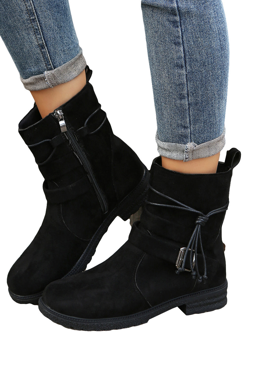 Brown Faux Suede Zip Up Buckle Straps Ankle Boots