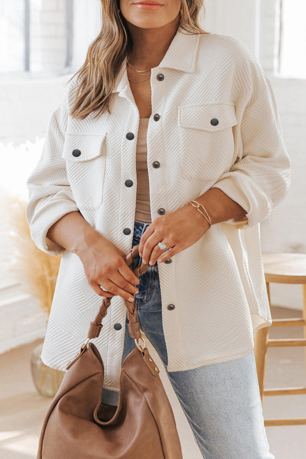 Beige Plus Size Textured Flap Pockets Jacket