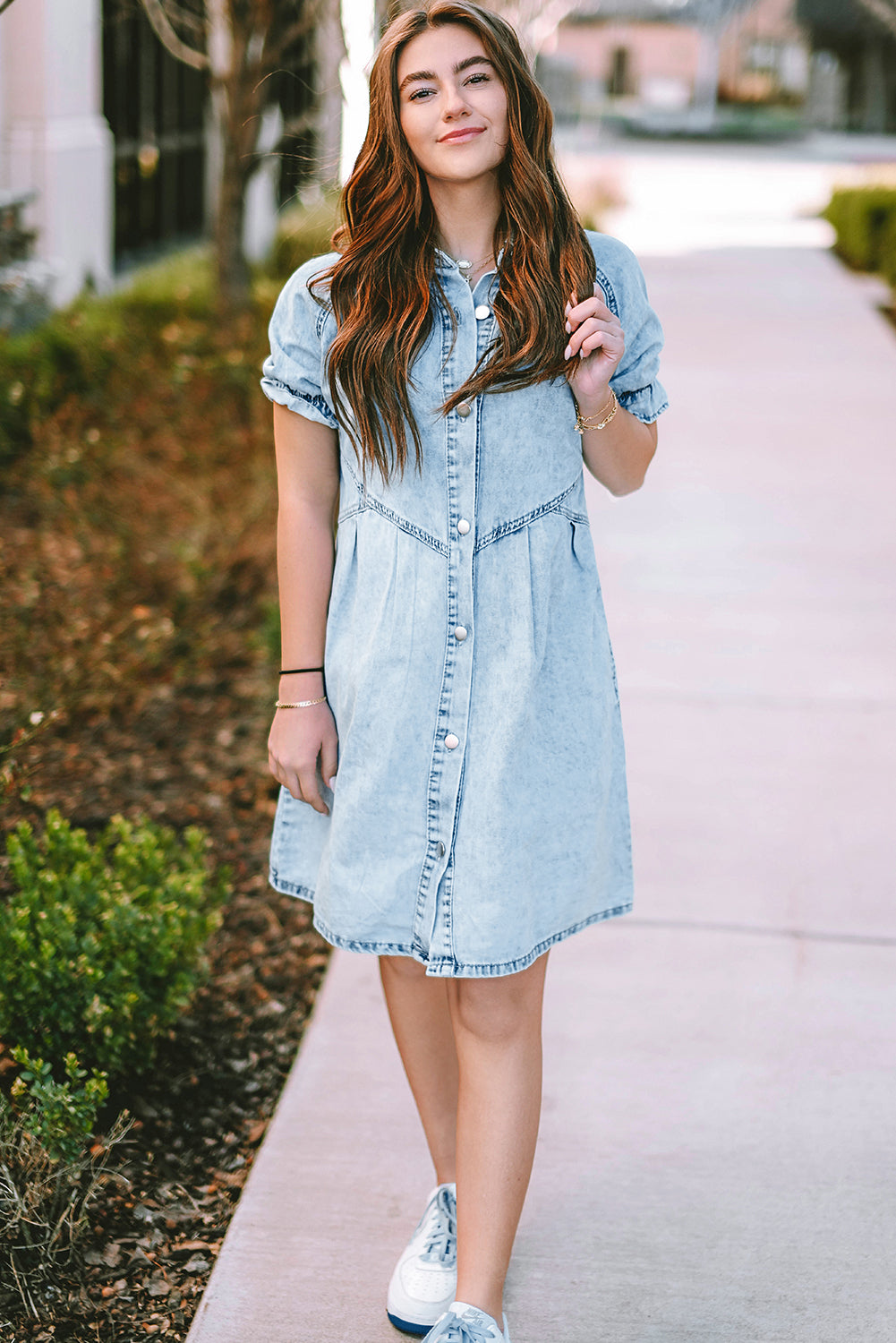 Blue Mineral Washed Ruffled Short Sleeve Pocketed Denim Dress