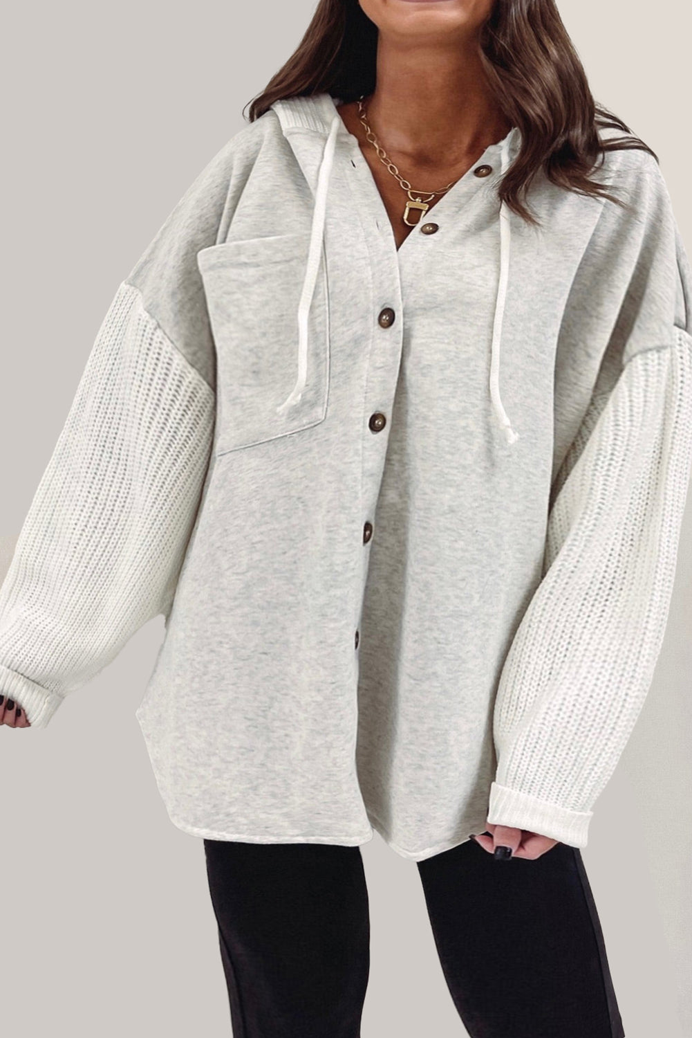 Gray Contrast Knitted Sleeves Plus Size Hoodie