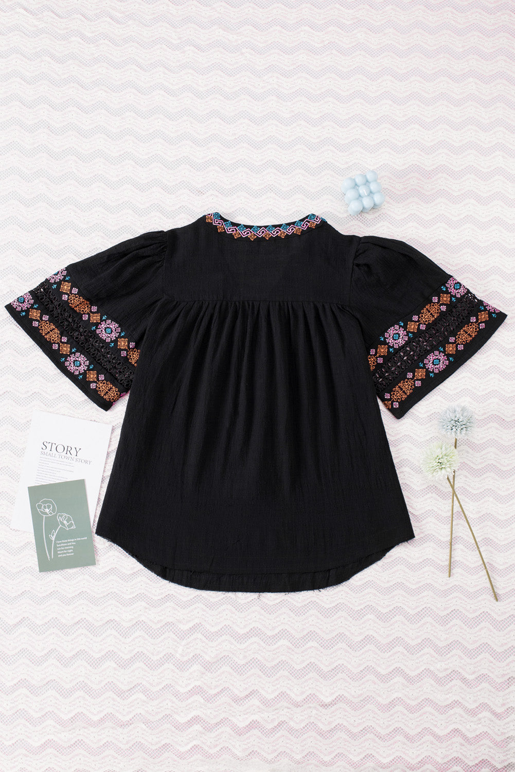 Black Boho Tassel Drawstring Cut Out Embroidered Blouse