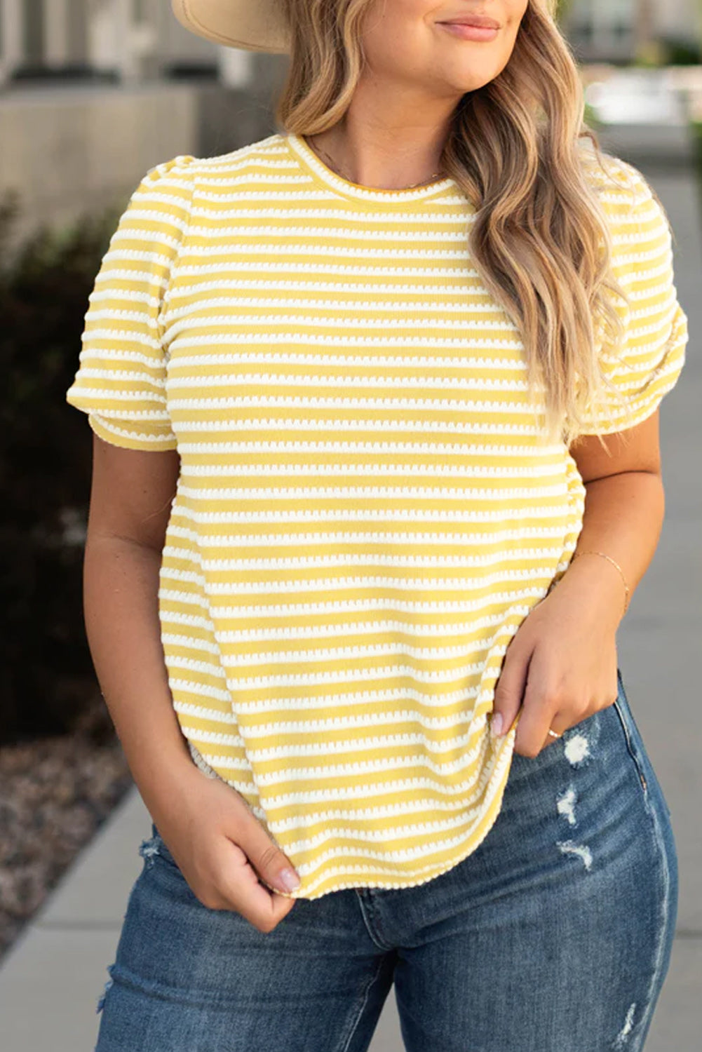 Yellow Stripe Short Puff Sleeve