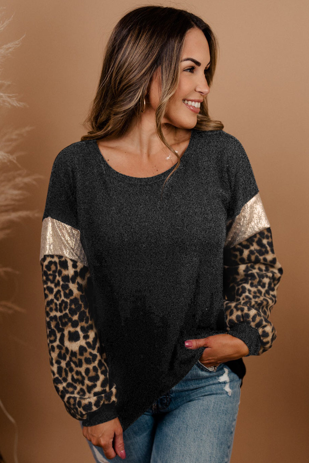 Black Plus Size Leopard Sequin Long Sleeve Top