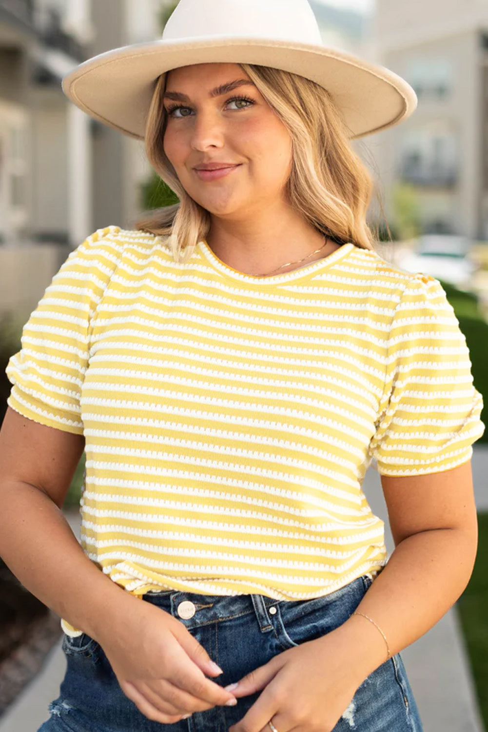 Yellow Stripe Short Puff Sleeve