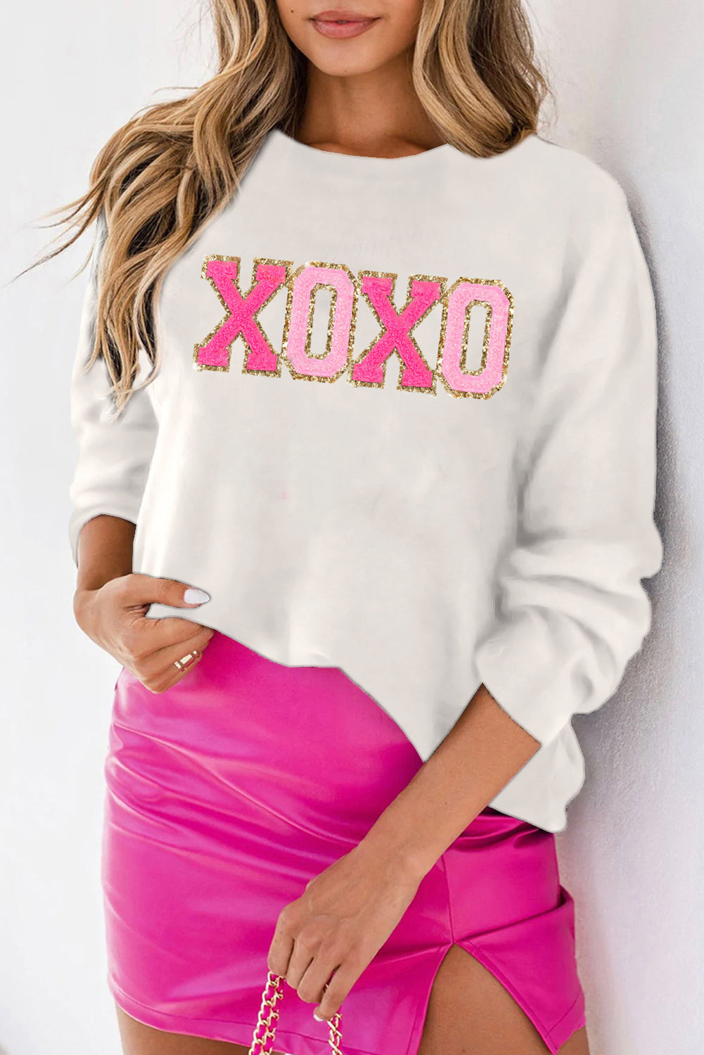 White XOXO Chenille Letter Round Neck Casual Sweater