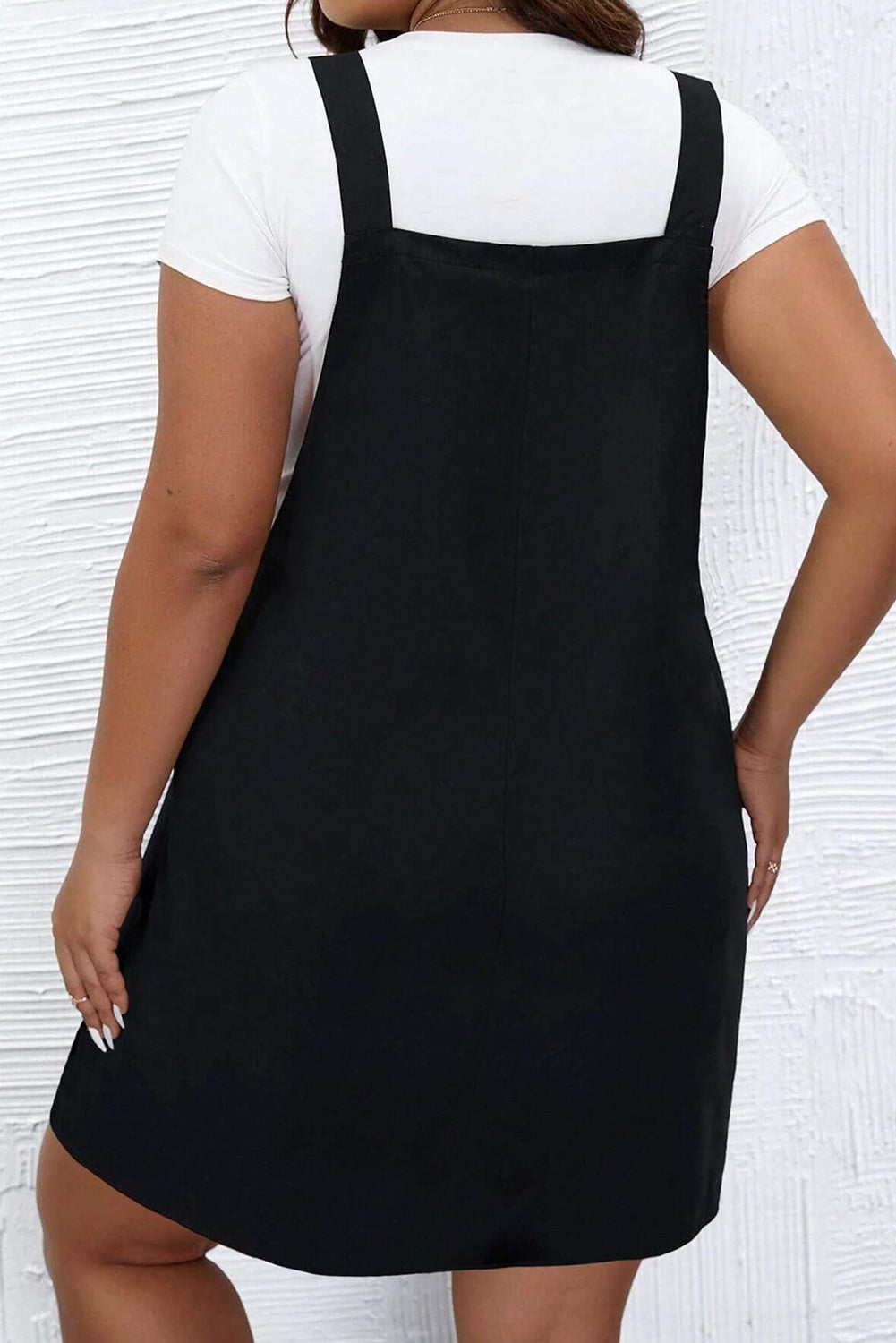 Black Solid Buttoned Straps Plus Size Overall Dress