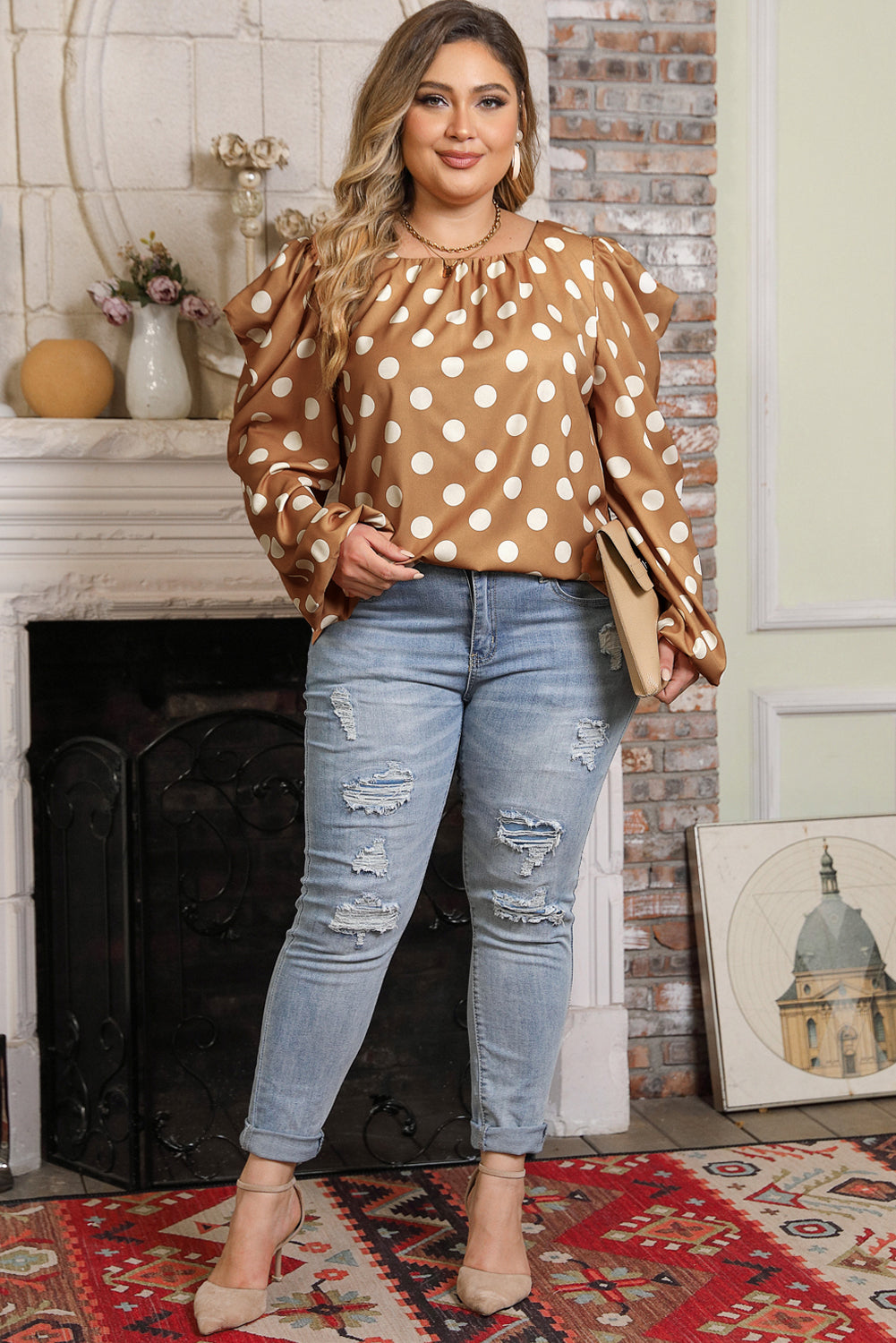 Khaki Plus Size Polka Dot Ruched Neckline Puff Sleeve Blouse