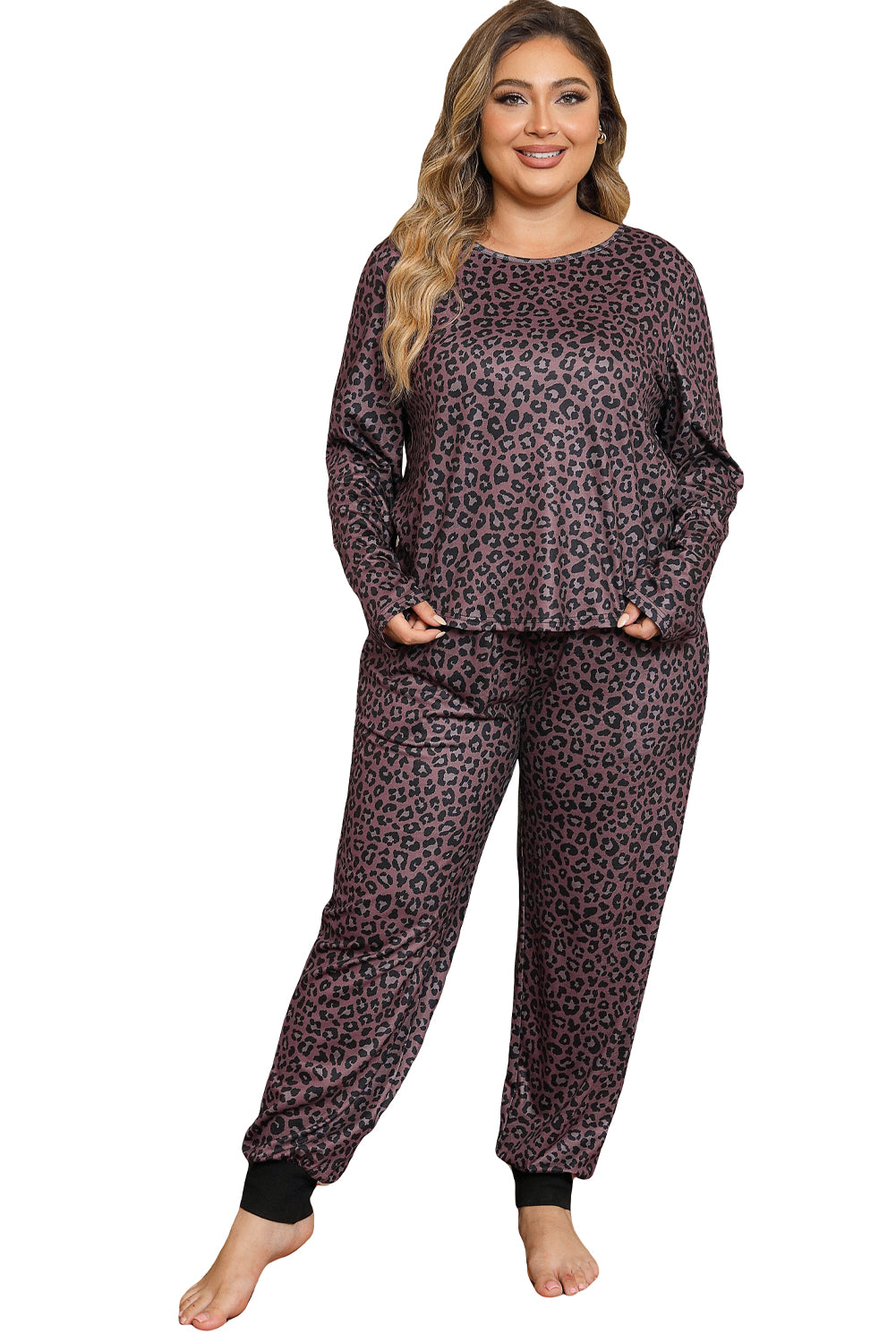 Gray Leopard Plus Size Long Sleeve Pants Outfit