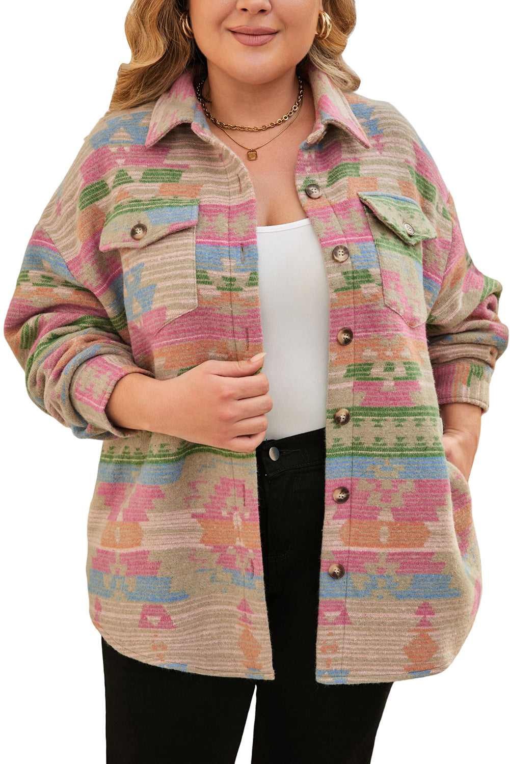 Multicolor Geometric Print Plus Size Flap Pockets Jacket