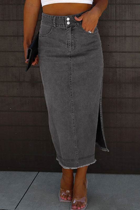 Black Raw Edge Side Slits Buttoned Midi Denim Skirt