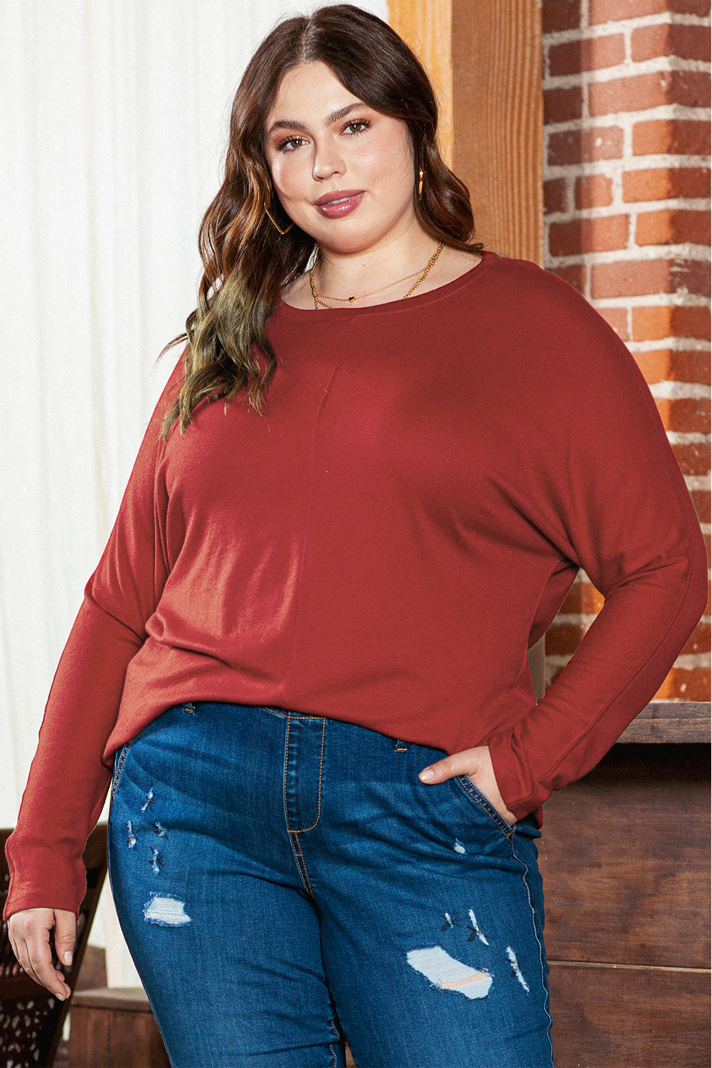 Red Dahlia Piping Detail Plus Size Long Sleeve Top