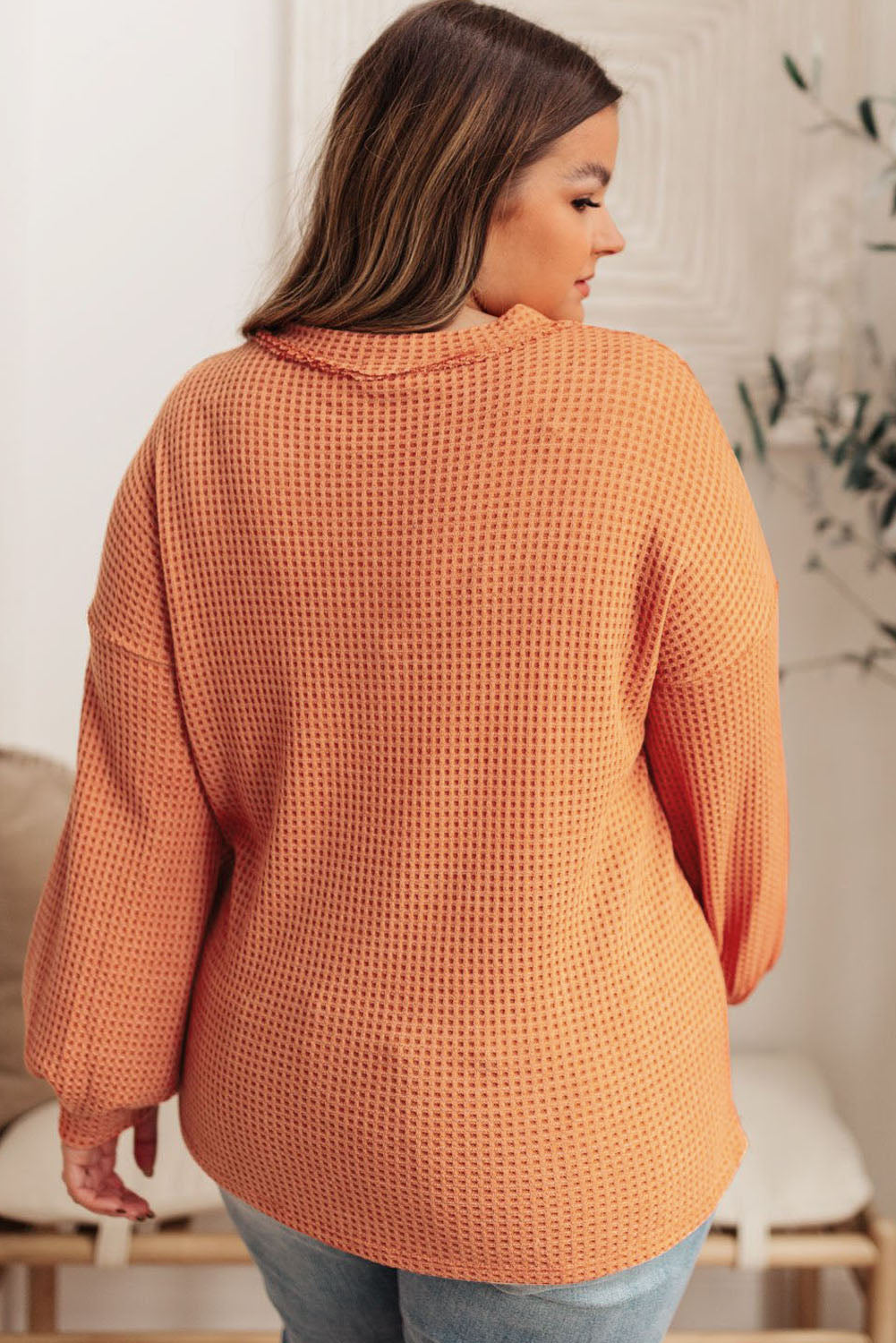 Orange Buttoned V Neck Waffle Knit Plus Size Top