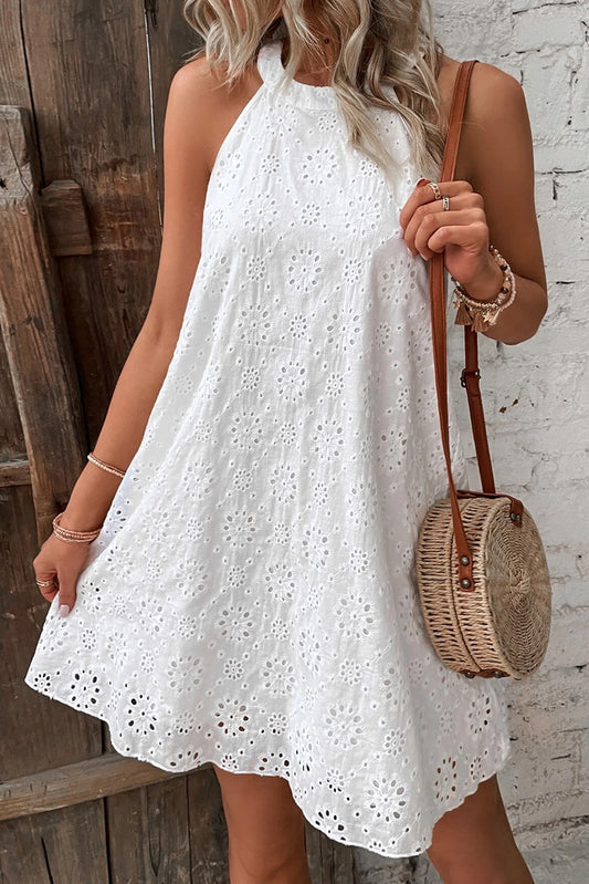 White Boho Eyelet Pattern Halter Neck Sleeveless Dress