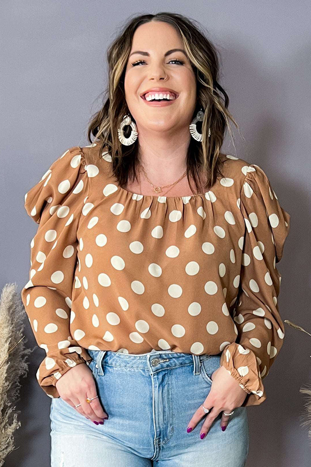 Khaki Plus Size Polka Dot Ruched Neckline Puff Sleeve Blouse