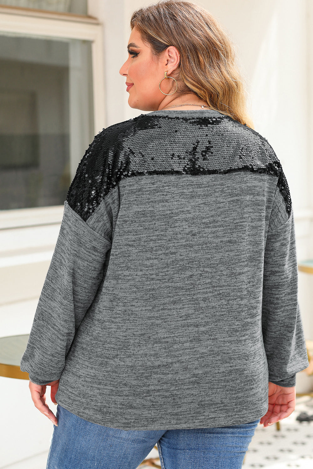 Gray Sequin Patchwork Long Sleeve Plus Size Top