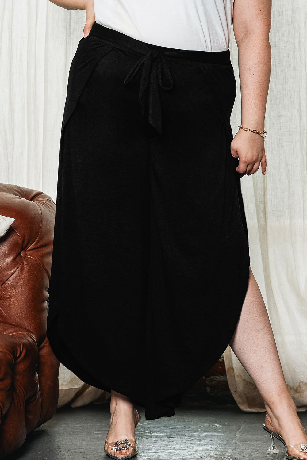 Black Plus Size Front Tie Tulip Wide Leg Pants