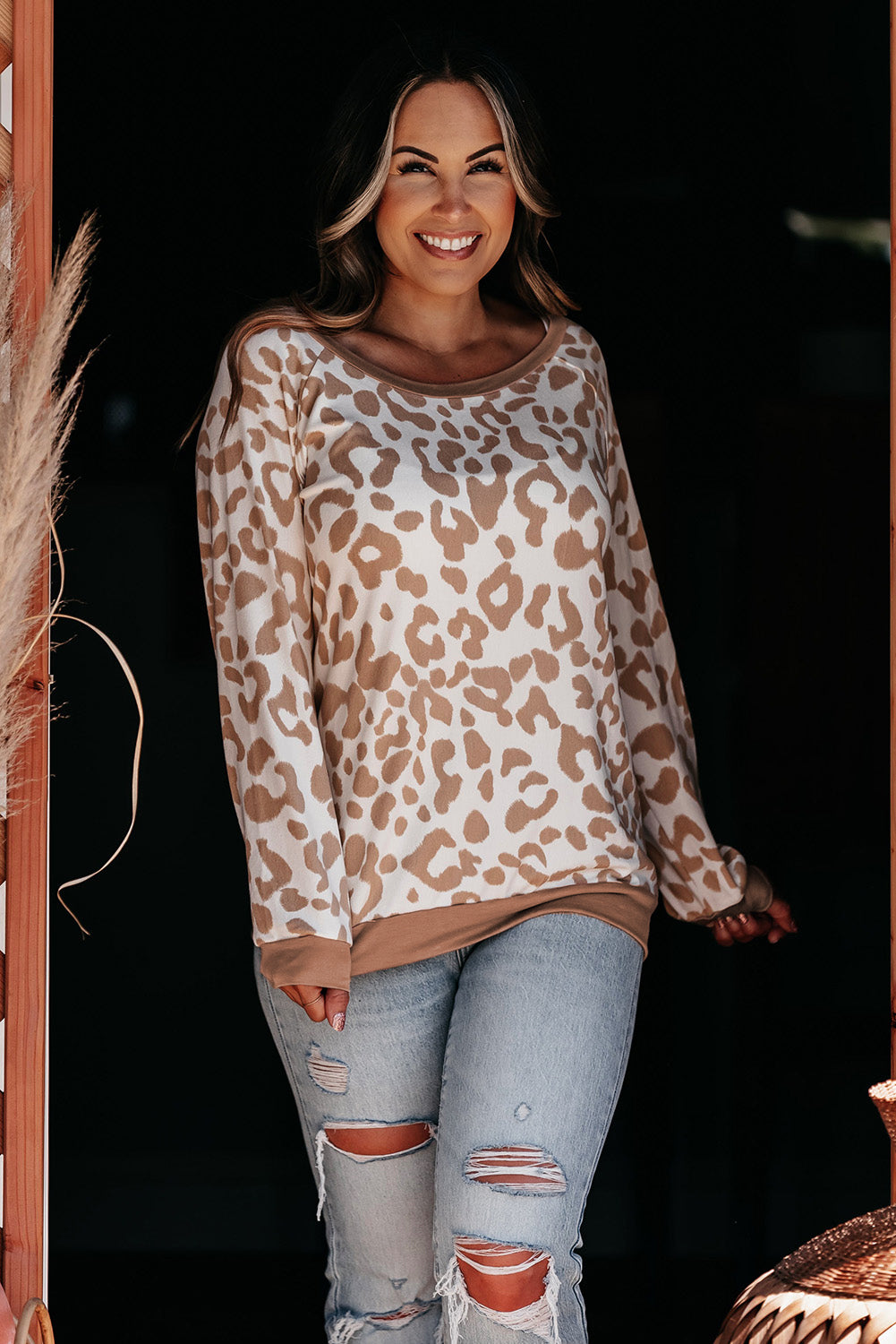 Khaki Printed Plus Size Leopard Print Boat Neck Long Sleeve Top