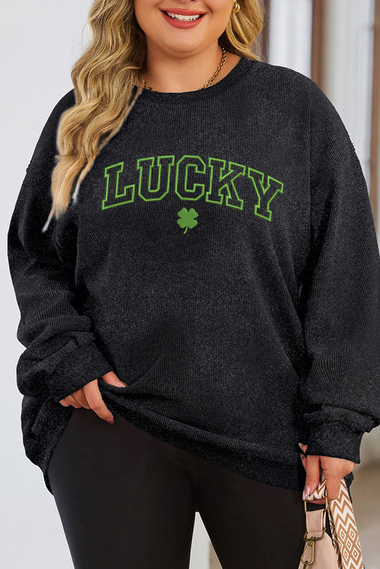 Black LUCKY Four Leaf Clover Graphic Corded Plus Sweatshirt