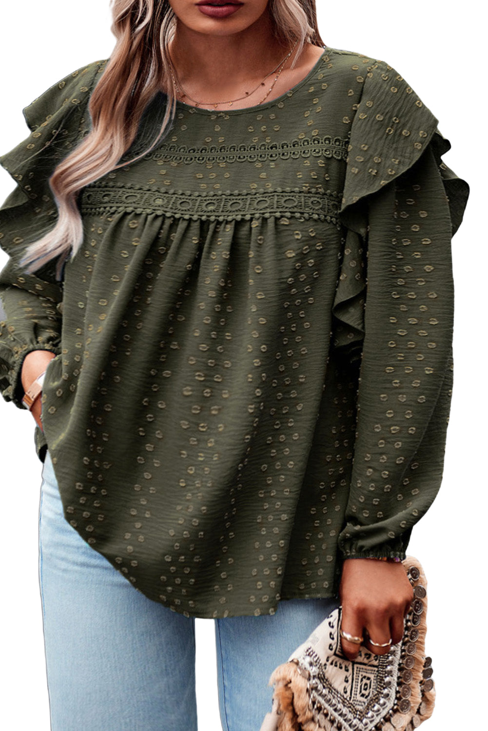 Mist Green Plus Lace Swiss Dot Ruffle Long Sleeve Top