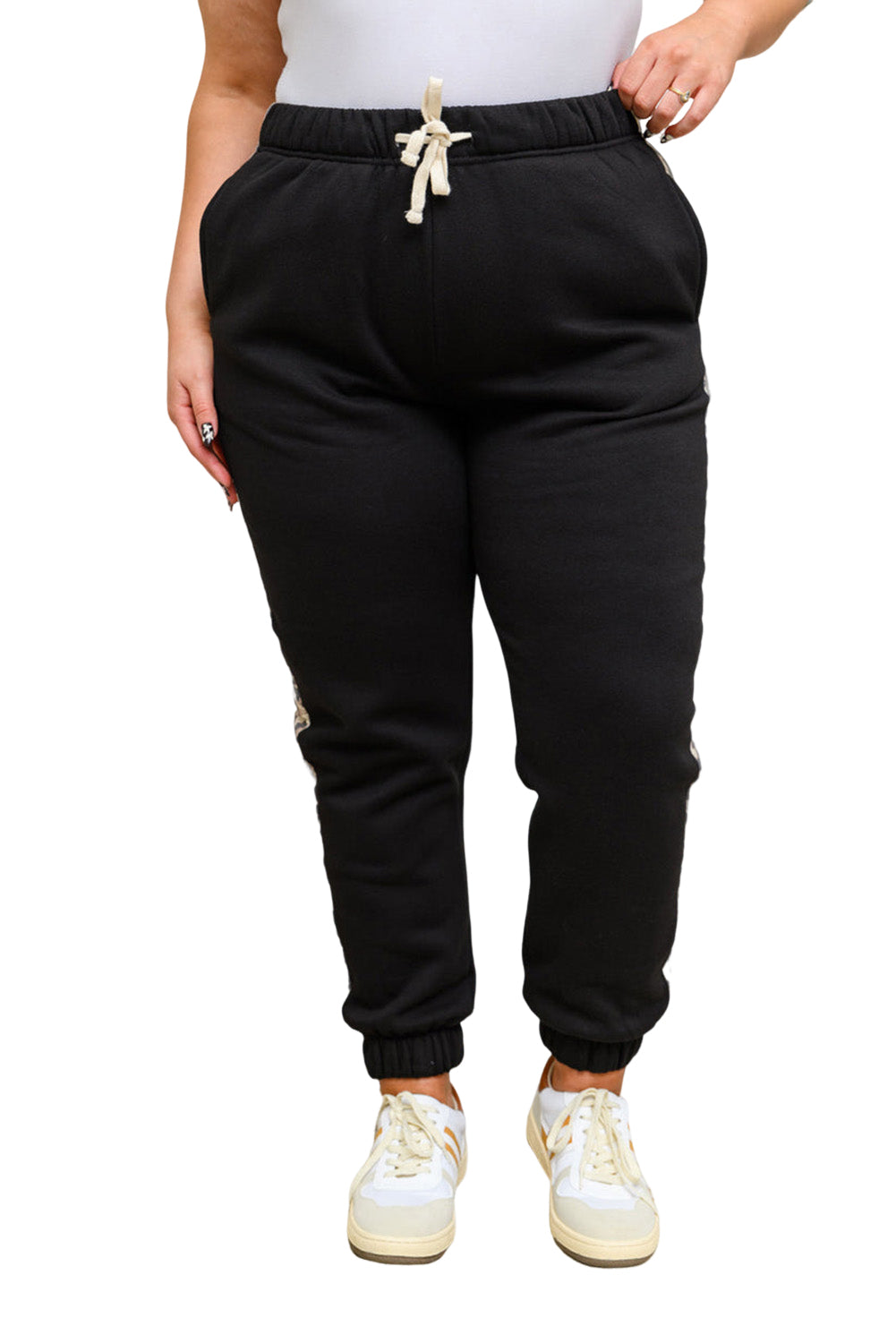 Black Plus Size Contrast Leopard Side Panel Joggers