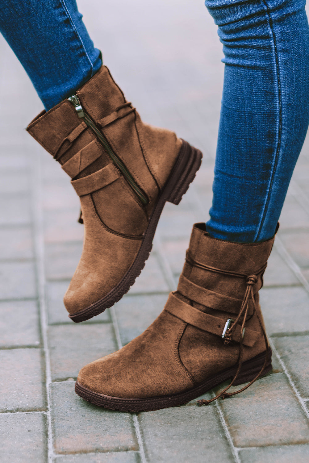 Brown Faux Suede Zip Up Buckle Straps Ankle Boots