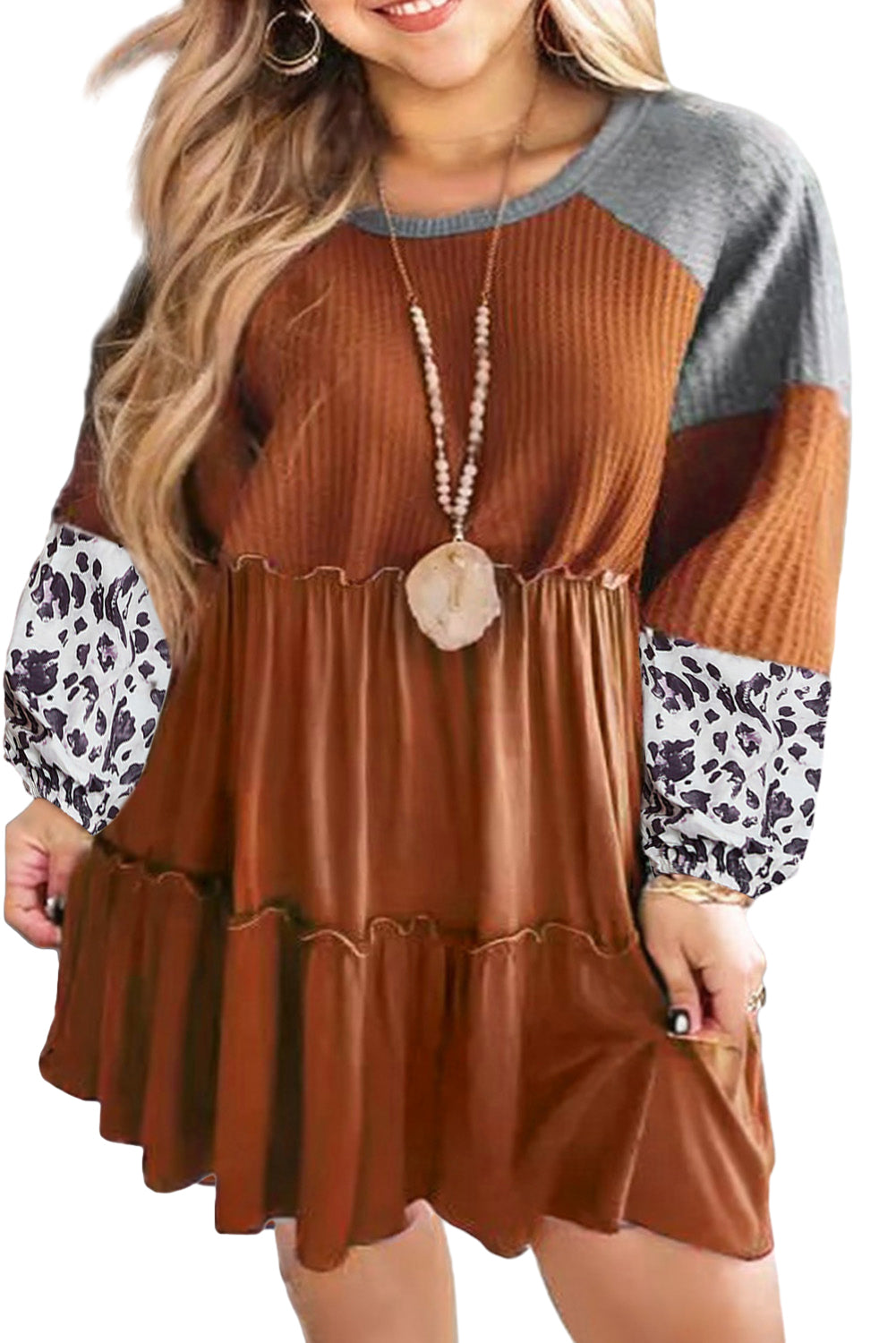 Gold Flame Plus Size Waffle Leopard Long Sleeve Ruffle Mini Dress