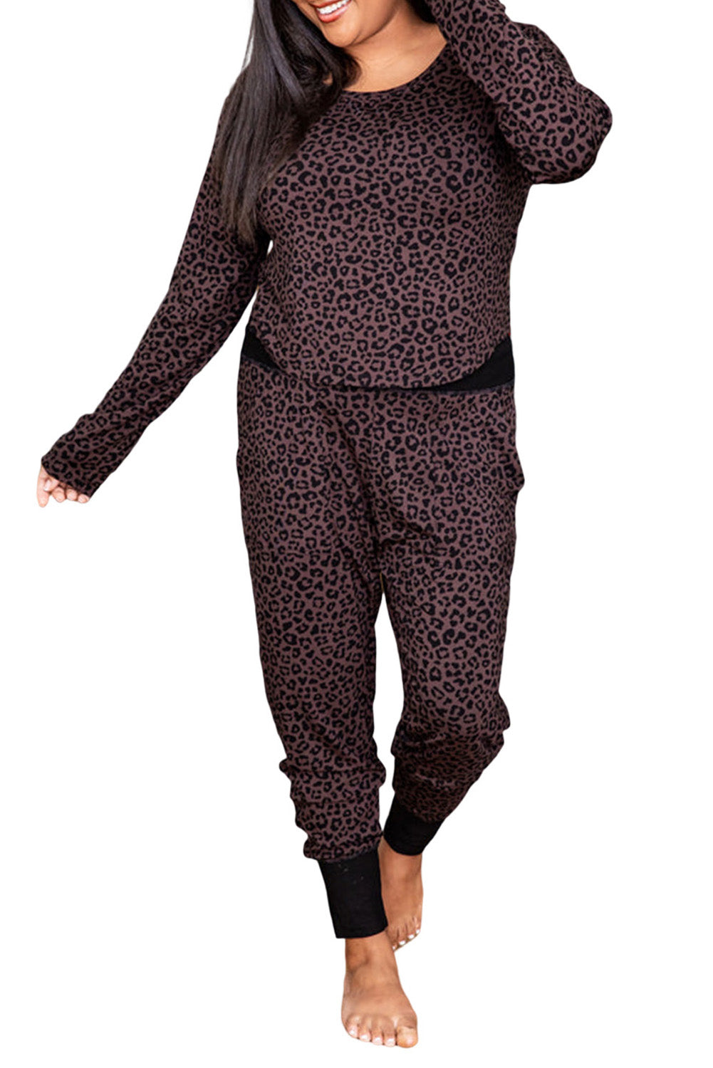 Gray Leopard Plus Size Long Sleeve Pants Outfit