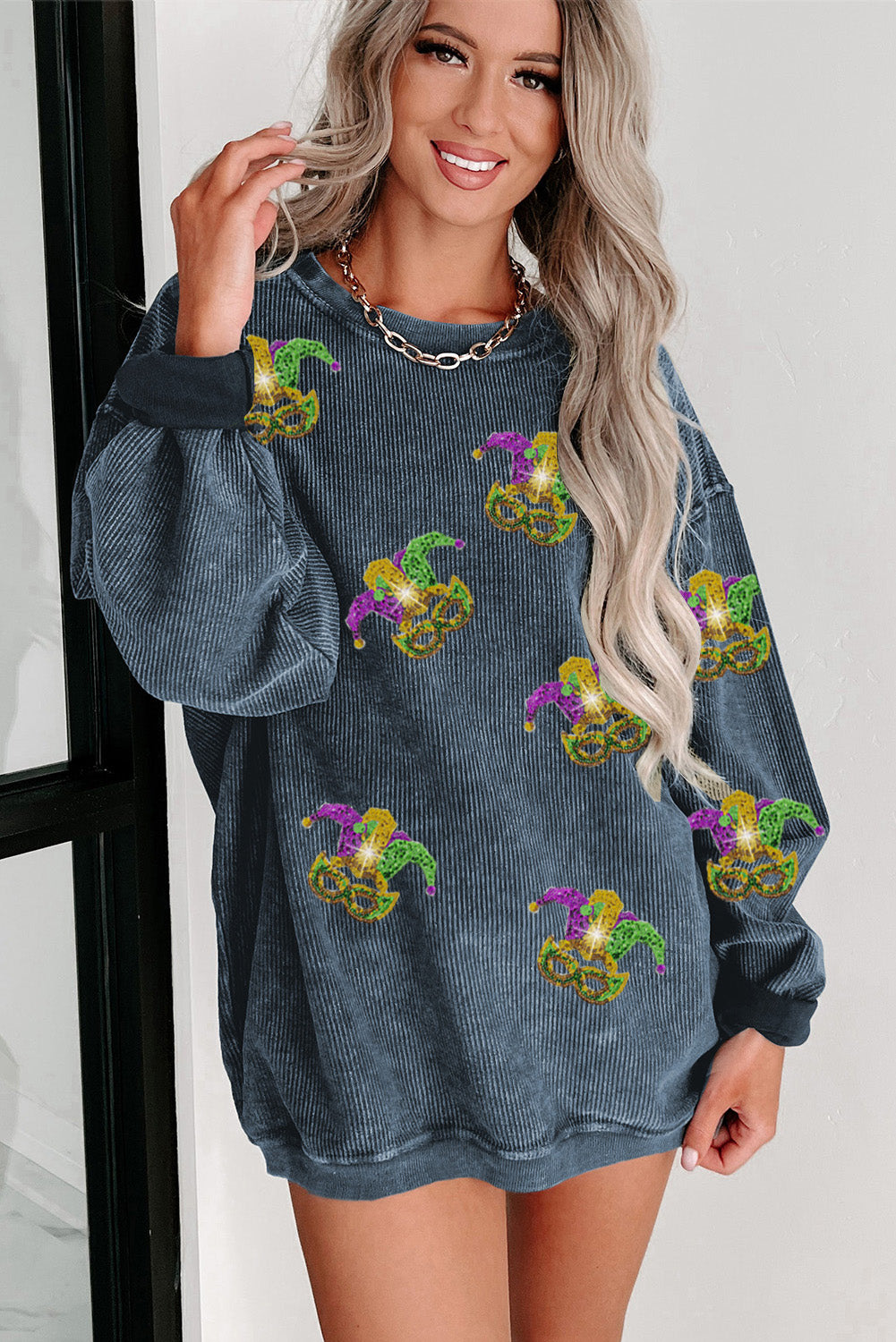 Black Plus Mardi Gras Mask Sequin Patch Graphic Sweatshirt