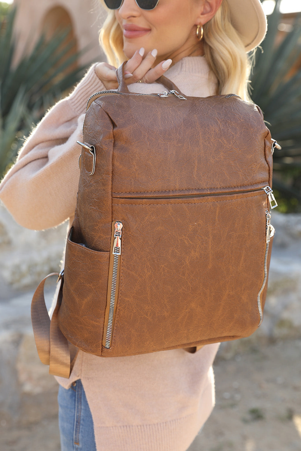 Chestnut Vintage Leather Large Zipper Backpack