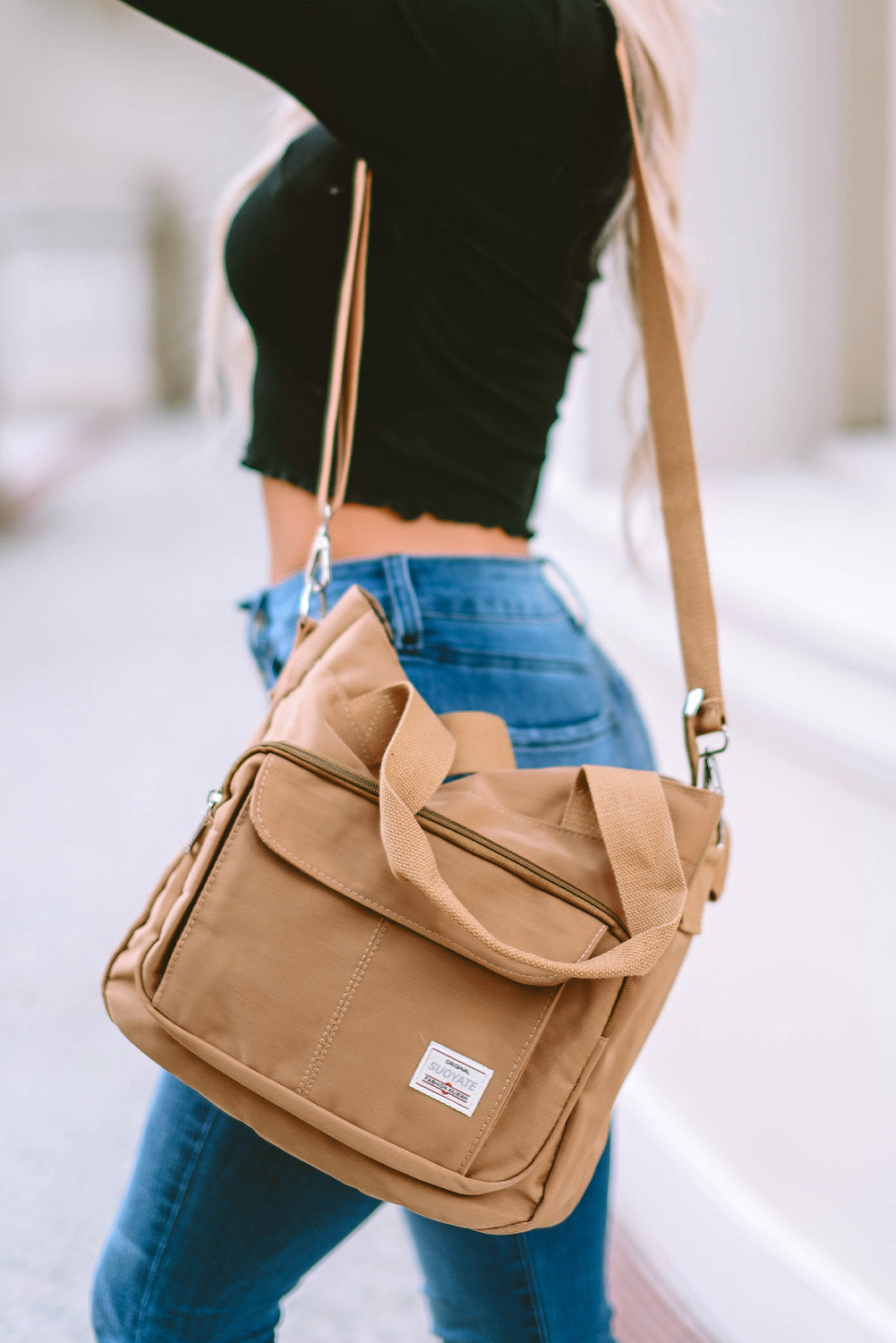 Light Beige Multi Pockets Zipped Large Canvas Shoulder Bag