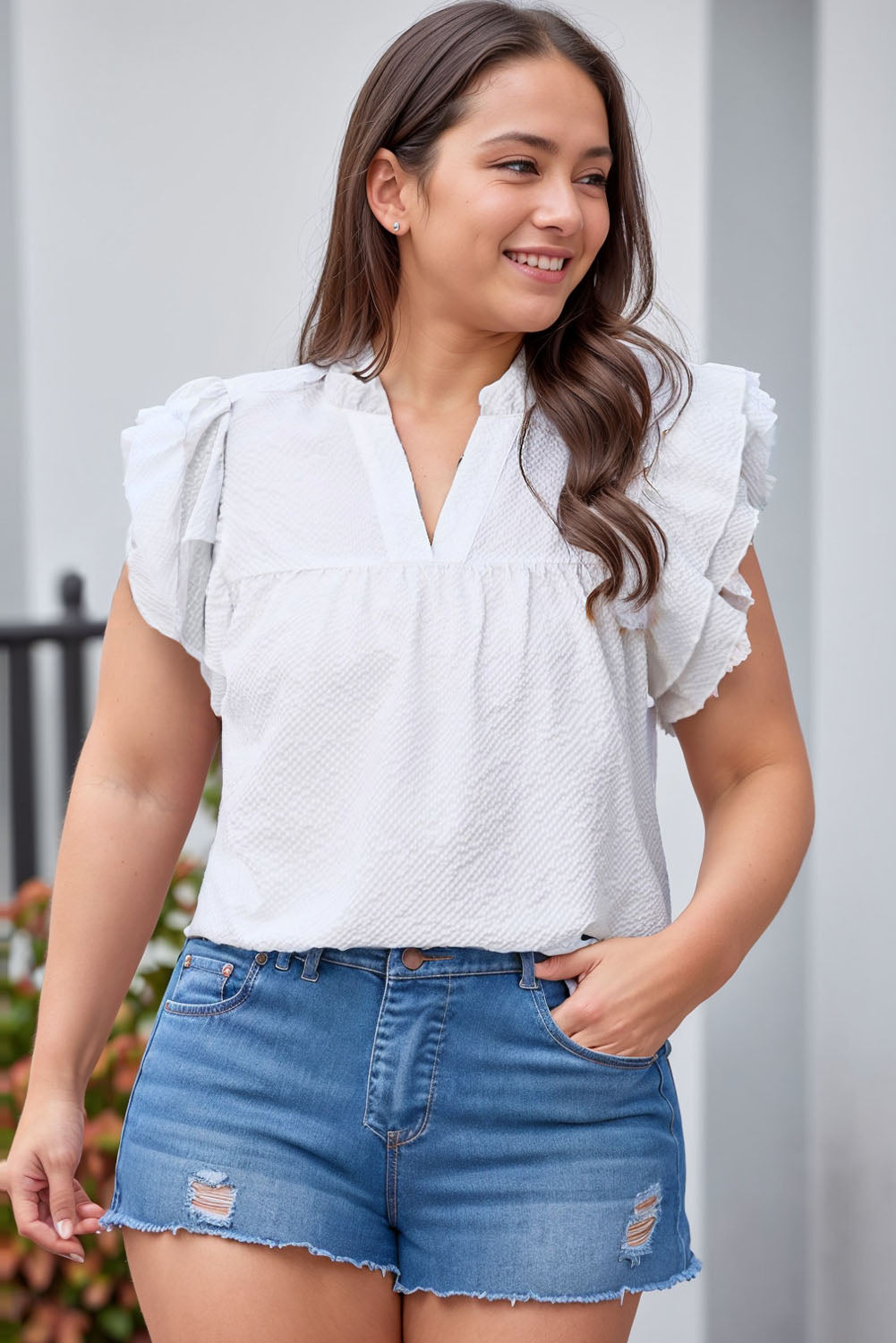 White Textured Ruffle Flutter Sleeve Plus Size Blouse