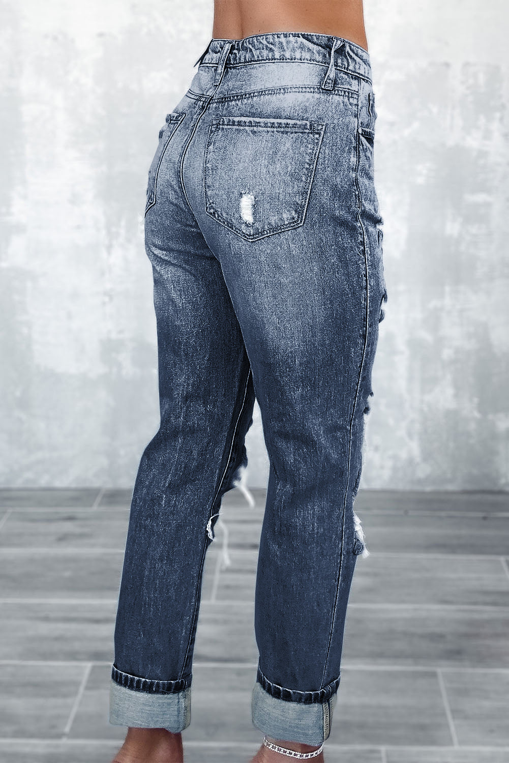 Navy Blue Light Wash Frayed Slim Fit High Waist Jeans