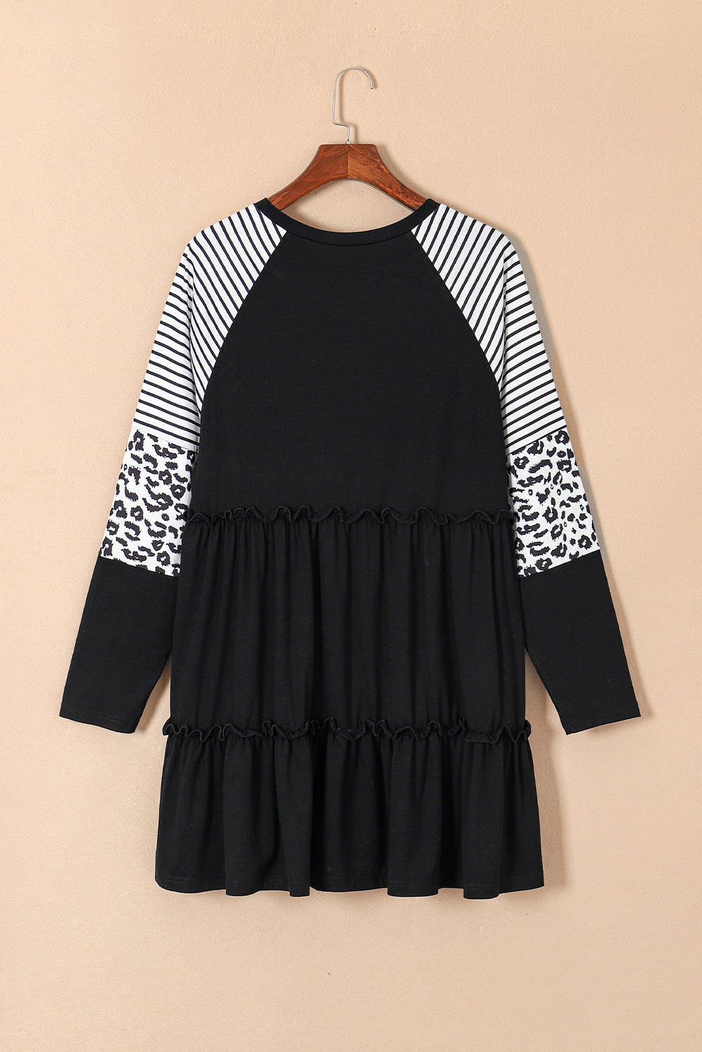 Black Plus Size Striped Leopard Patch Sleeve Ruffle Tiered Dress