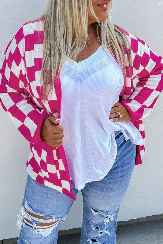 Bonbon Checkered Pattern Open Front Plus Size Cardigan