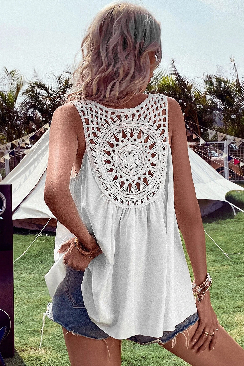 White Bohemian Crochet Sleeveless Tunic Top