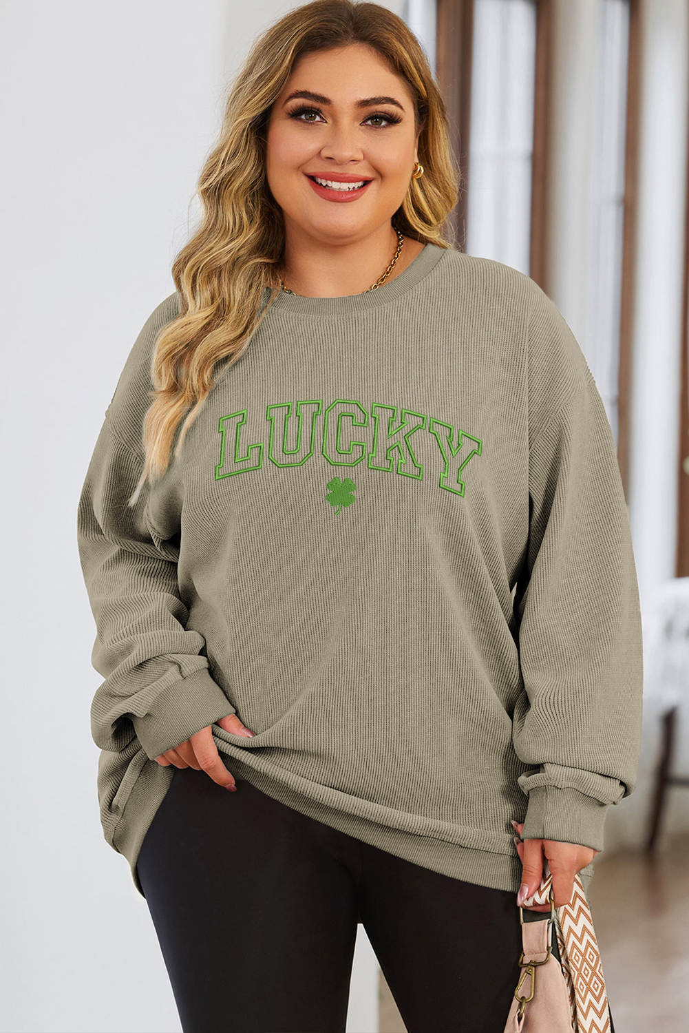 Black LUCKY Four Leaf Clover Graphic Corded Plus Sweatshirt