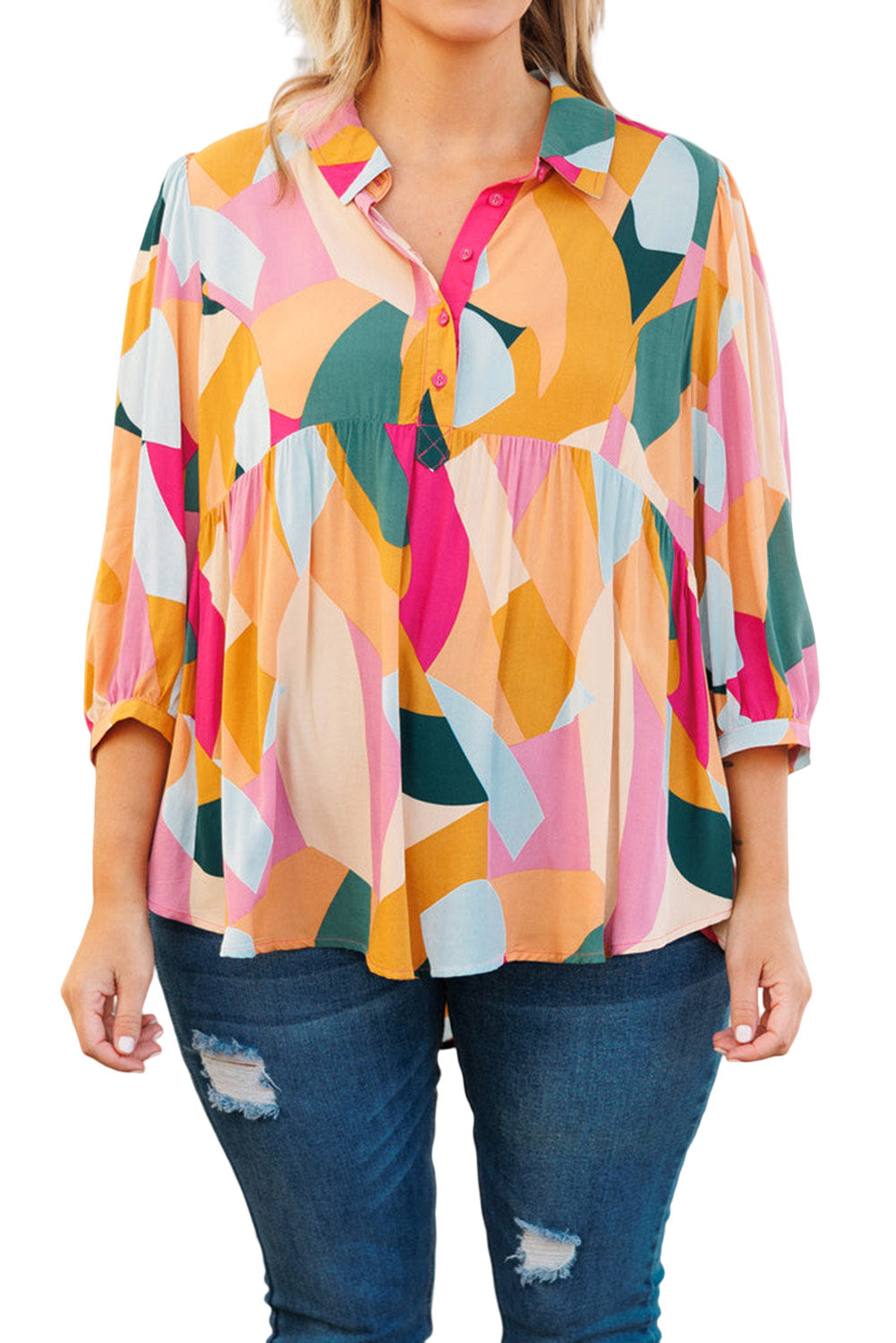 Ginger Plus Size Geometric Print Bracelet Sleeve Flowy Blouse