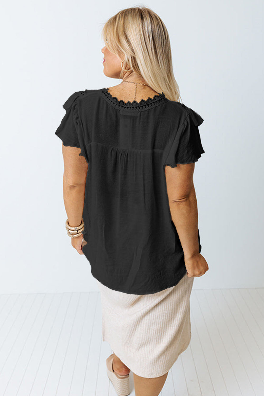 Rose Plain Ruffle Sleeve Buttoned Plus Size Boho Top