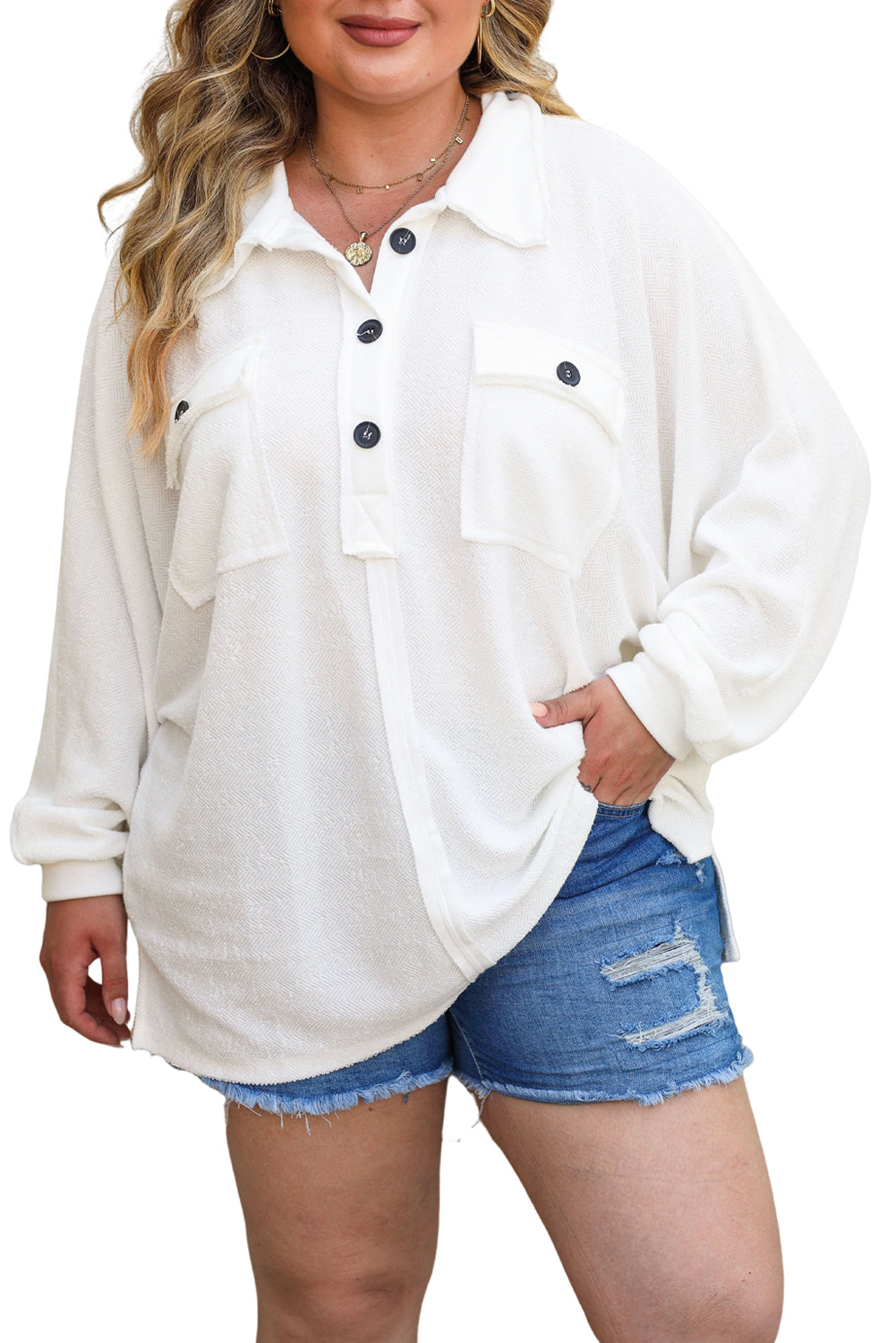 White Plus Size Long Sleeve Flap Pocket Henley Top