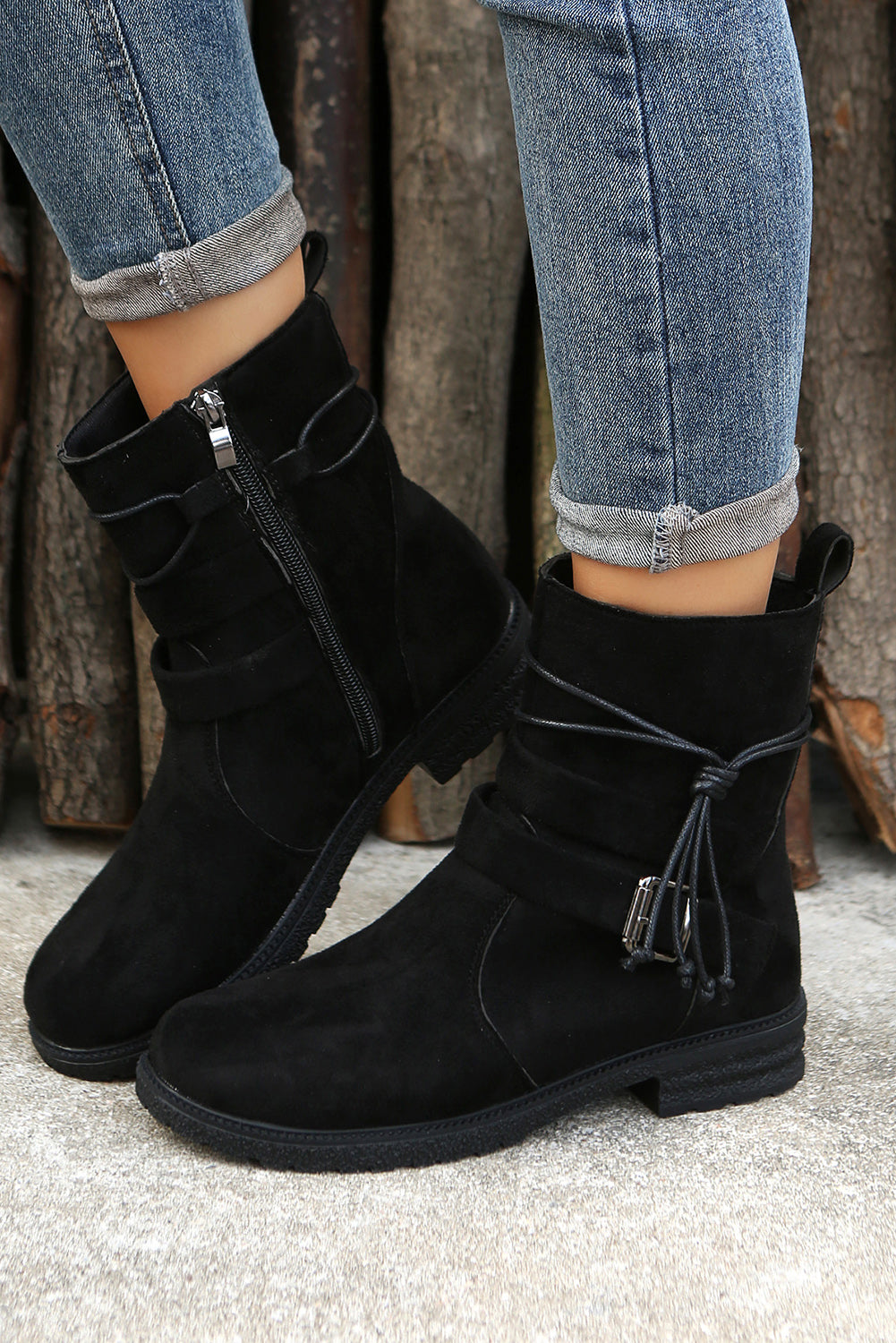 Brown Faux Suede Zip Up Buckle Straps Ankle Boots