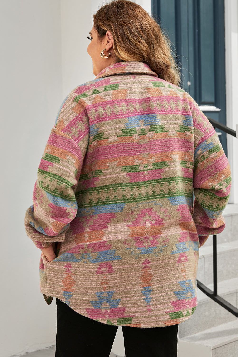 Multicolor Geometric Print Plus Size Flap Pockets Jacket