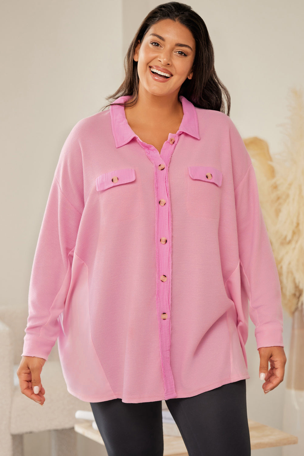 Pink Plus Size Waffle Knit Flap Pocket Long Sleeve Shirt