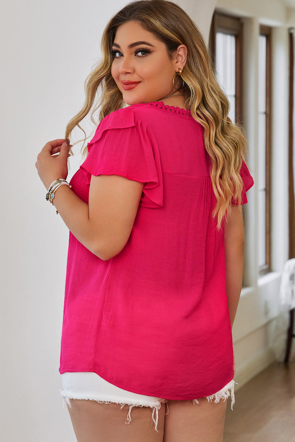 Rose Plain Ruffle Sleeve Buttoned Plus Size Boho Top