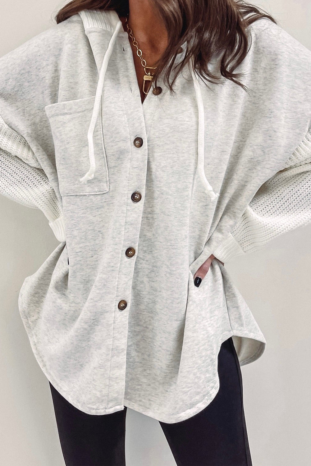 Gray Contrast Knitted Sleeves Plus Size Hoodie