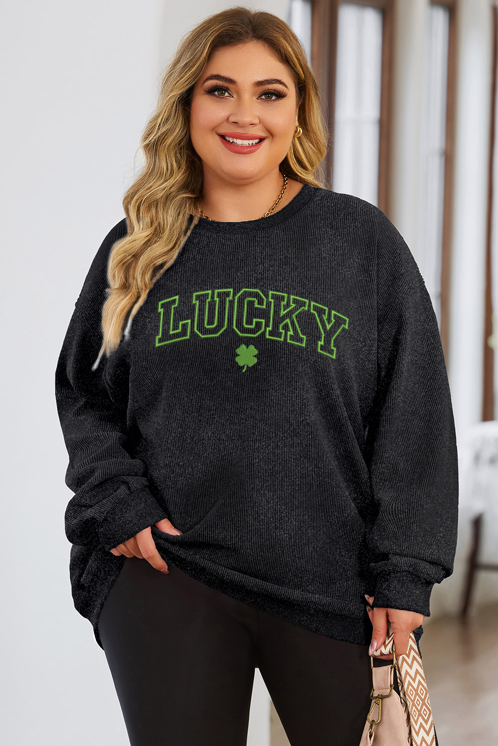 Black LUCKY Four Leaf Clover Graphic Corded Plus Sweatshirt