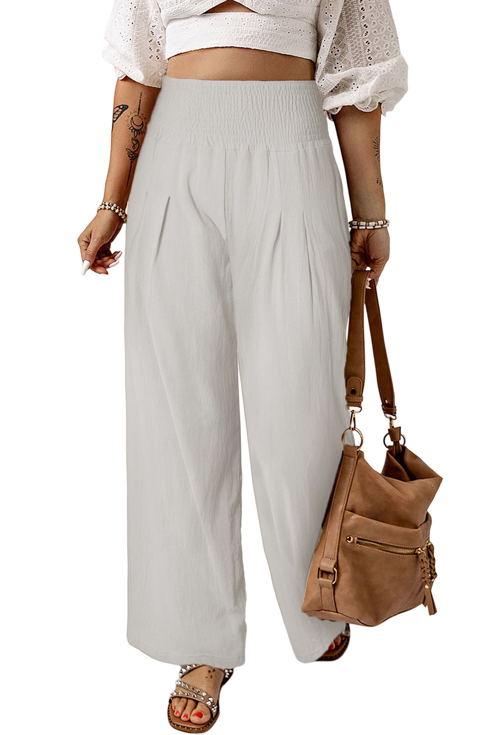 White Smocked Wide Waistband High Waist Wide Leg Pants